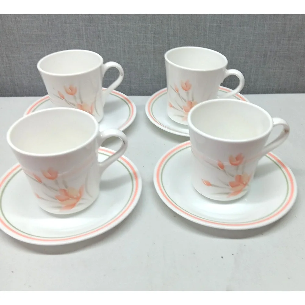Vintage Corelle Peach Floral Cup Saucer Set‎ 4 Pink Green Stripe USA